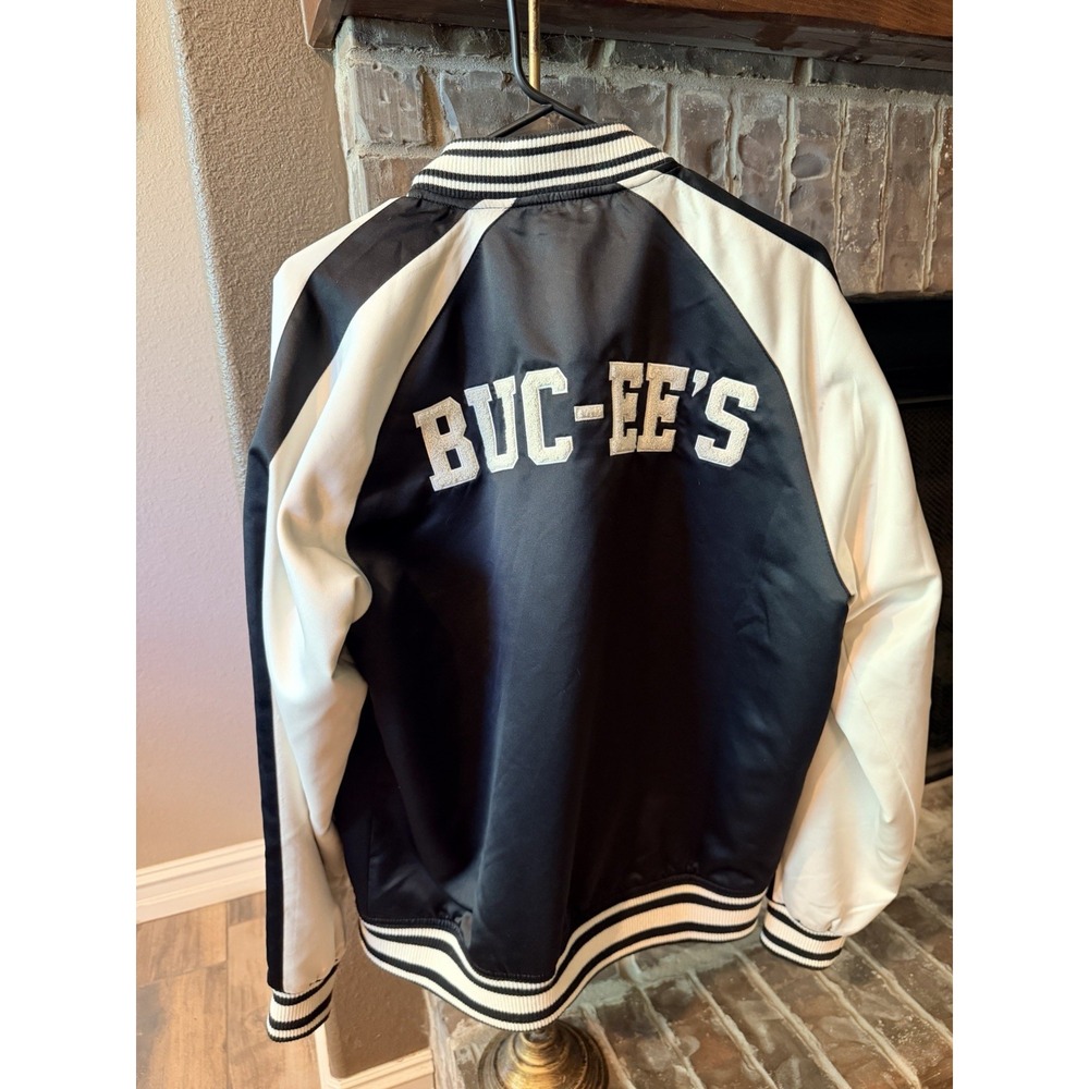 Buc-ee's Satin Varsity Bomber Jacket Men's Small Black White Embroidered Logo